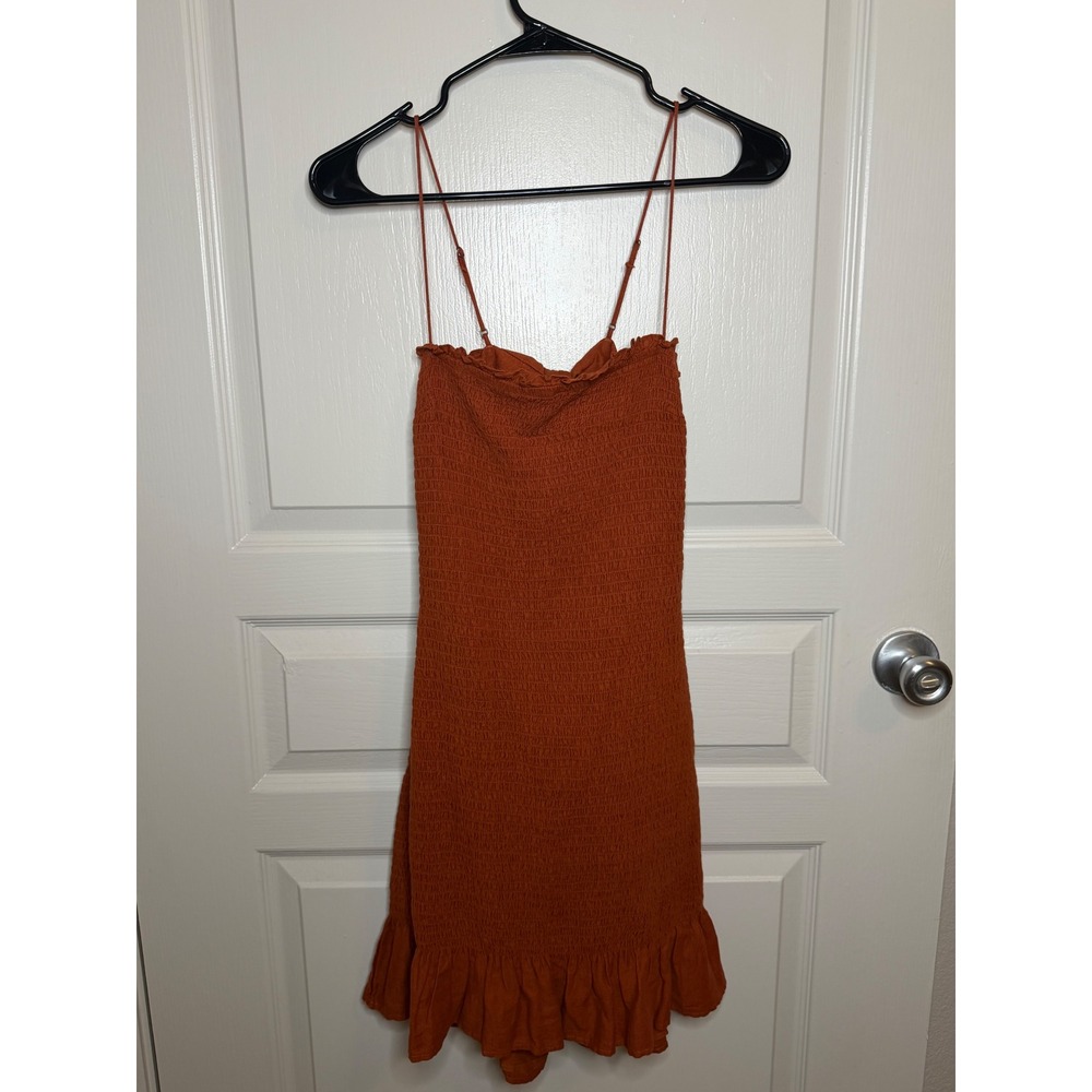 Abercrombie & Fitch M Smocked Mini Dress Boho Rust Orange Fall Back Tie Ruffles - Picture 3 of 7